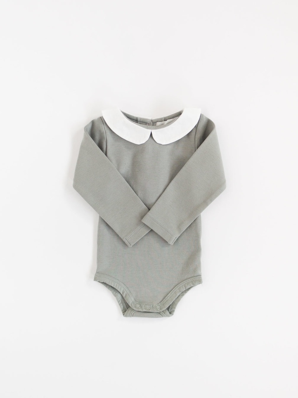 Petite Moss Long-Sleeve Peter Pan Collar One-Piece Bodysuit in Moss Gray, 9-12mo